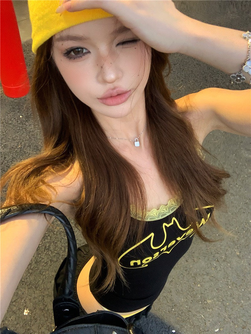 Jun. LA個性女孩 撞色蝙蝠字母印花背心 抽繩鬆緊黑色休閒褲