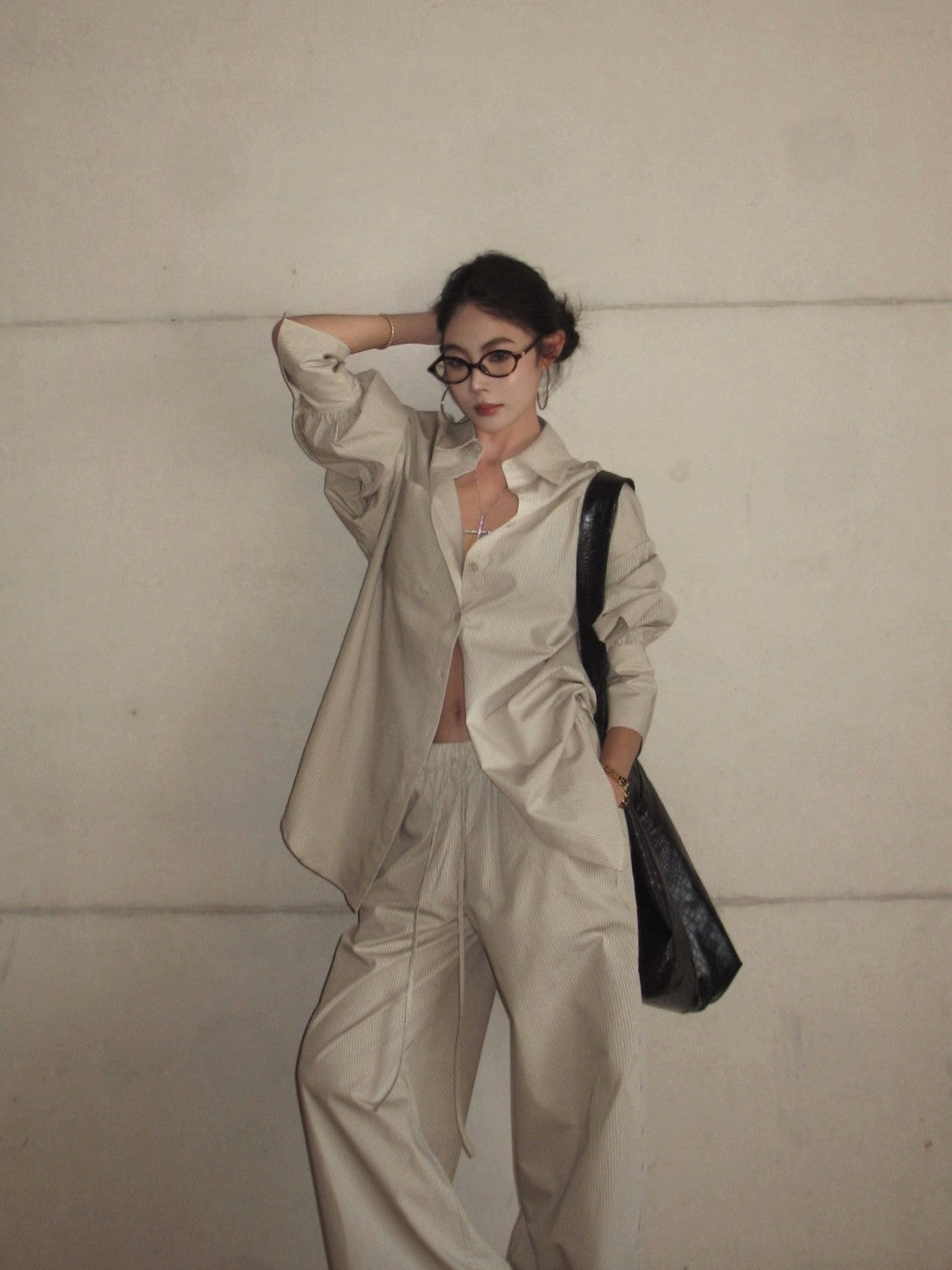 25Aug. 窒息慵懶高級感寬鬆條紋襯衫 抽繩休閒褲