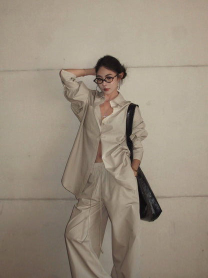 25Aug. 窒息慵懶高級感寬鬆條紋襯衫 抽繩休閒褲