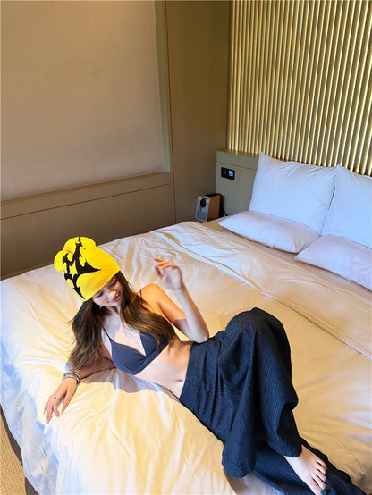 Jun. 清爽度假 辣妹肌理紋比基尼 高腰休閒褲 深藍色