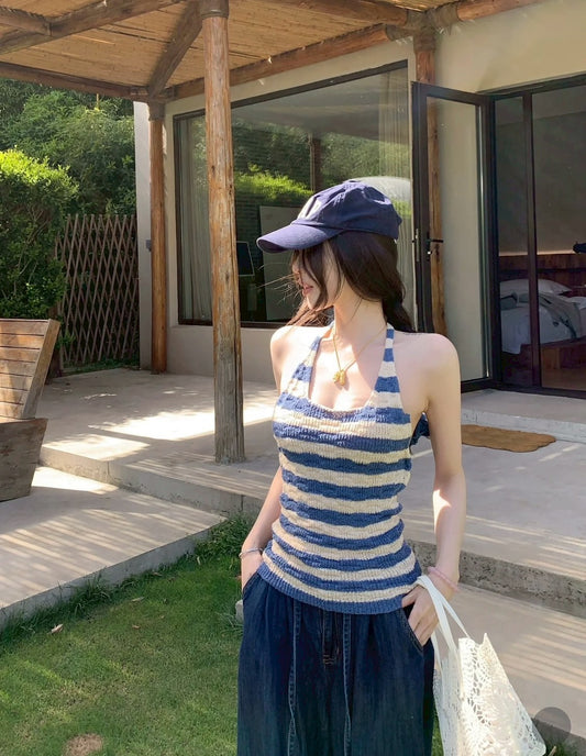 Jun. 海鹽涼風 冰沙紗線露背拼色針織背心