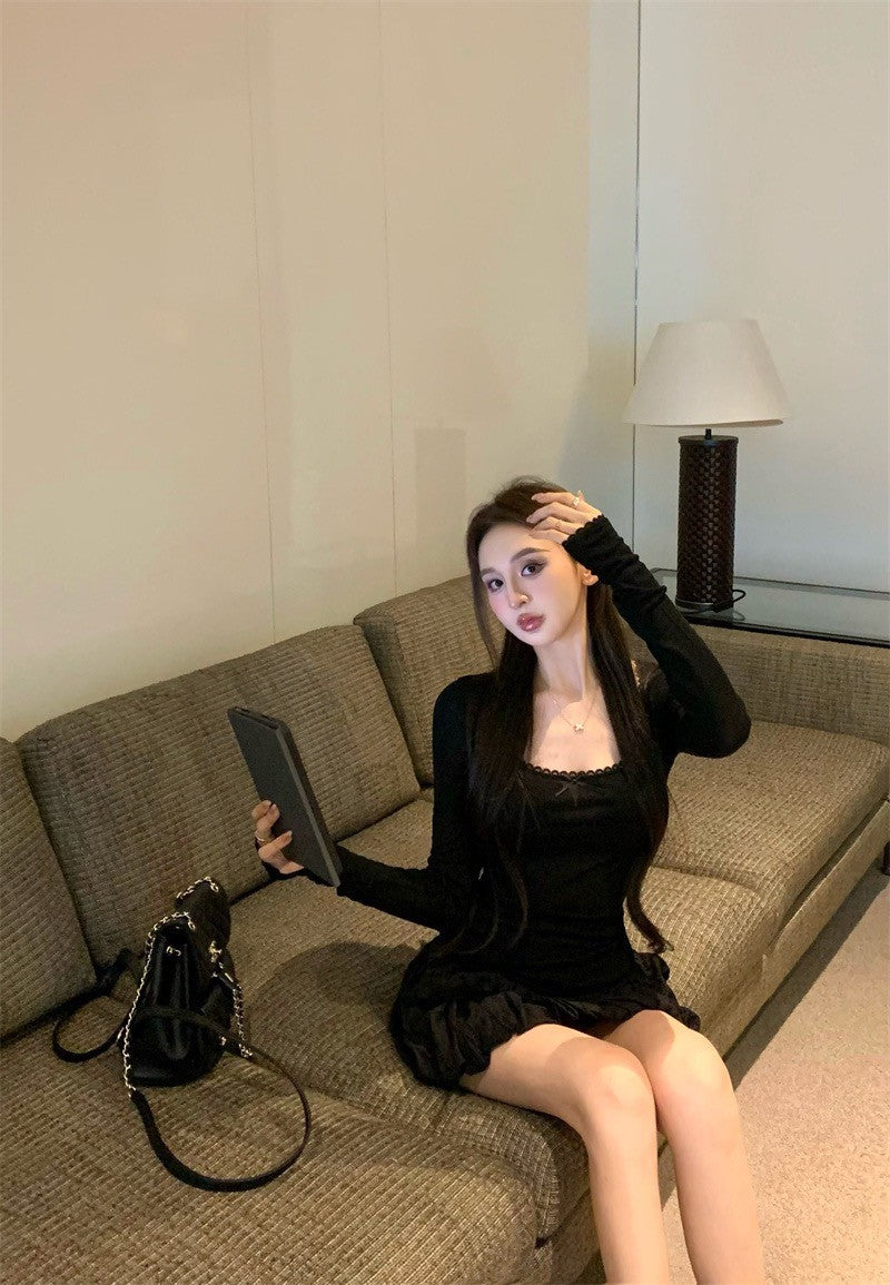 Jun. 奶椰泡泡 薄款芭蕾風打底上衣 花苞半身裙 黑