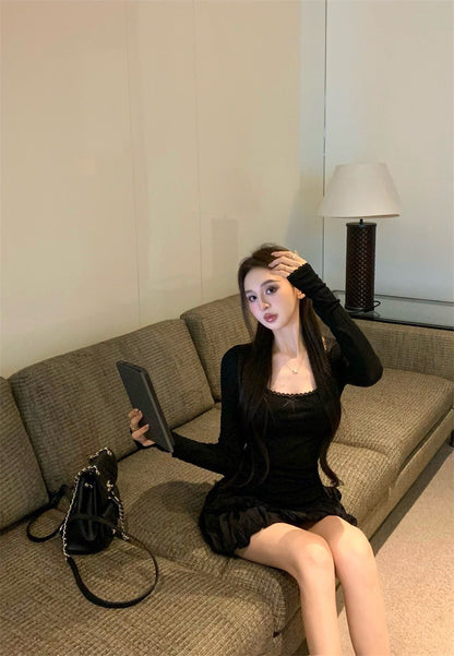 Jun. 奶椰泡泡 薄款芭蕾風打底上衣 花苞半身裙 黑