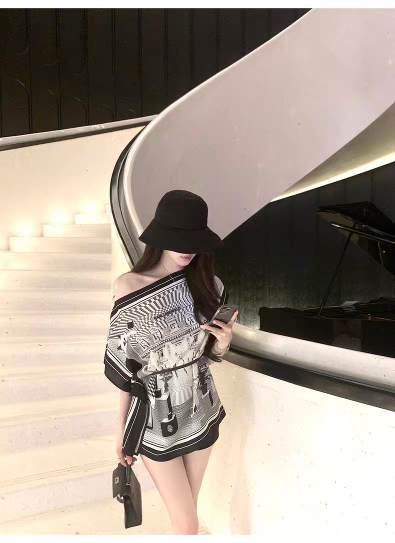 25Oct. 矜貴老錢 氣質印花蝙蝠袖絲巾上衣