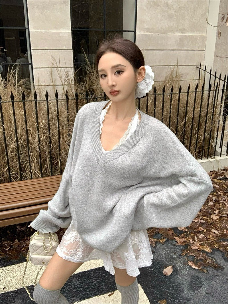 Oct. 暖心coco 高磅羊毛V領百搭粉色/灰色上衣 蕾絲連身裙