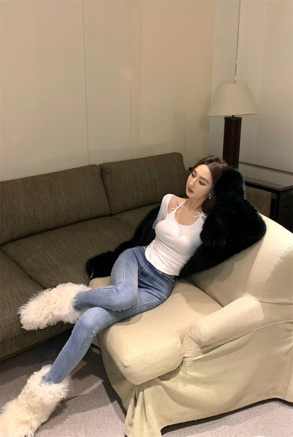 Feb. 芭蕾少女 法式蝴蝶結掛脖式長袖上衣 白