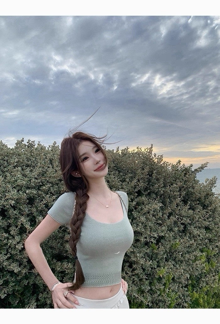 26Apr. 天菜研習 羊毛混紡U領收腰短款上衣 黃/綠