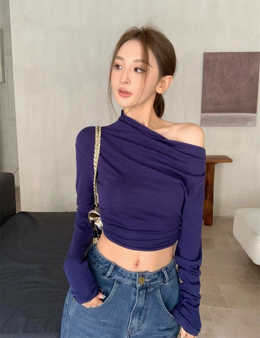 Mar. 休閒高智系 斜肩彈力修身短款長袖上衣 藍紫/杏色