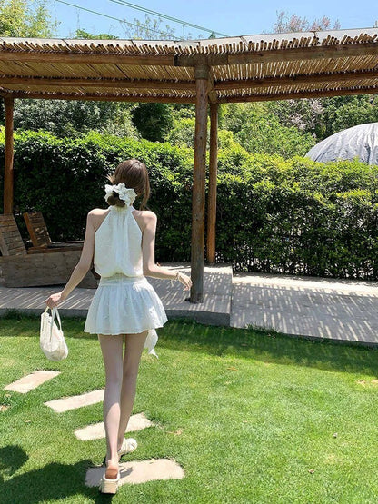 Jun. 潔白玉蘭 削肩掛脖收腰小白花連身裙