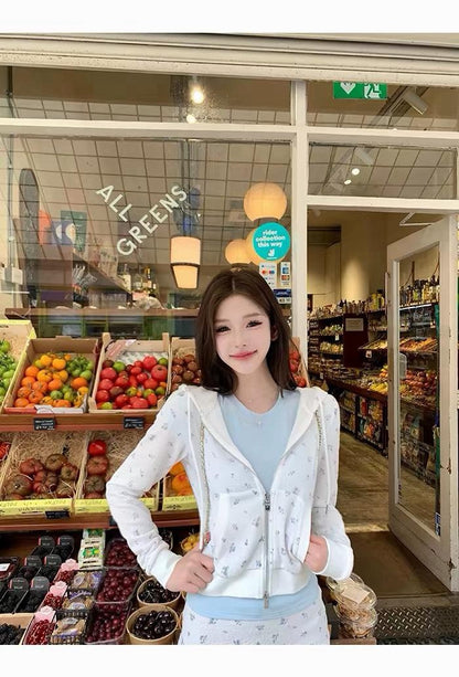 26Oct. 漫感韓女 可愛華夫格碎花連帽外套 粉碎花/藍碎花