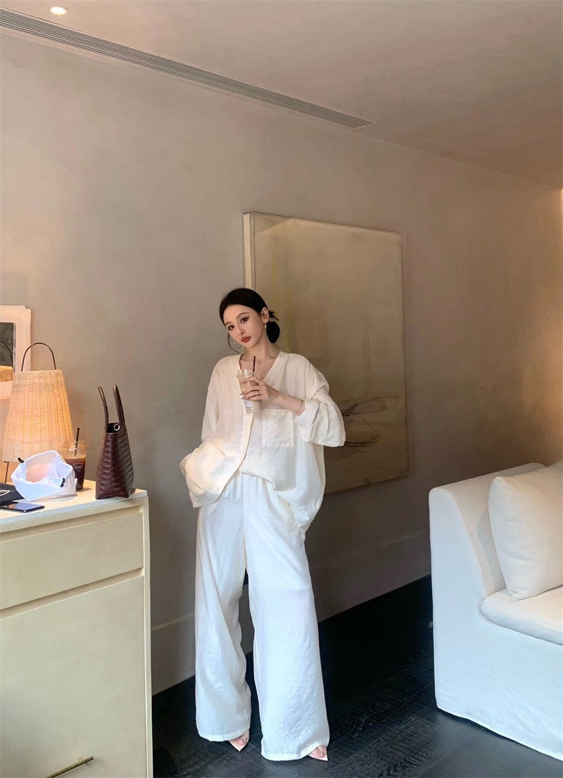 25Jul. 日常通勤穿 夏日簡約襯衫闊腿褲套裝 杏/黑