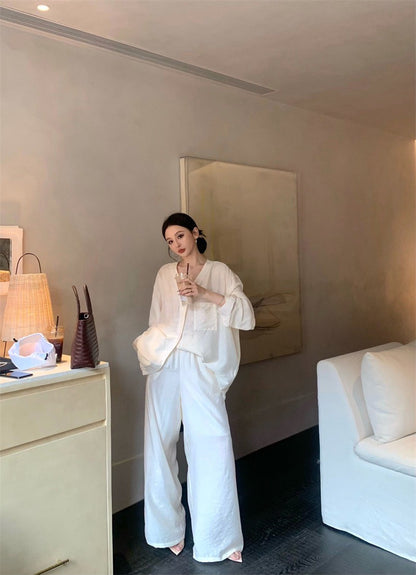 25Jul. 日常通勤穿 夏日簡約襯衫闊腿褲套裝 杏/黑