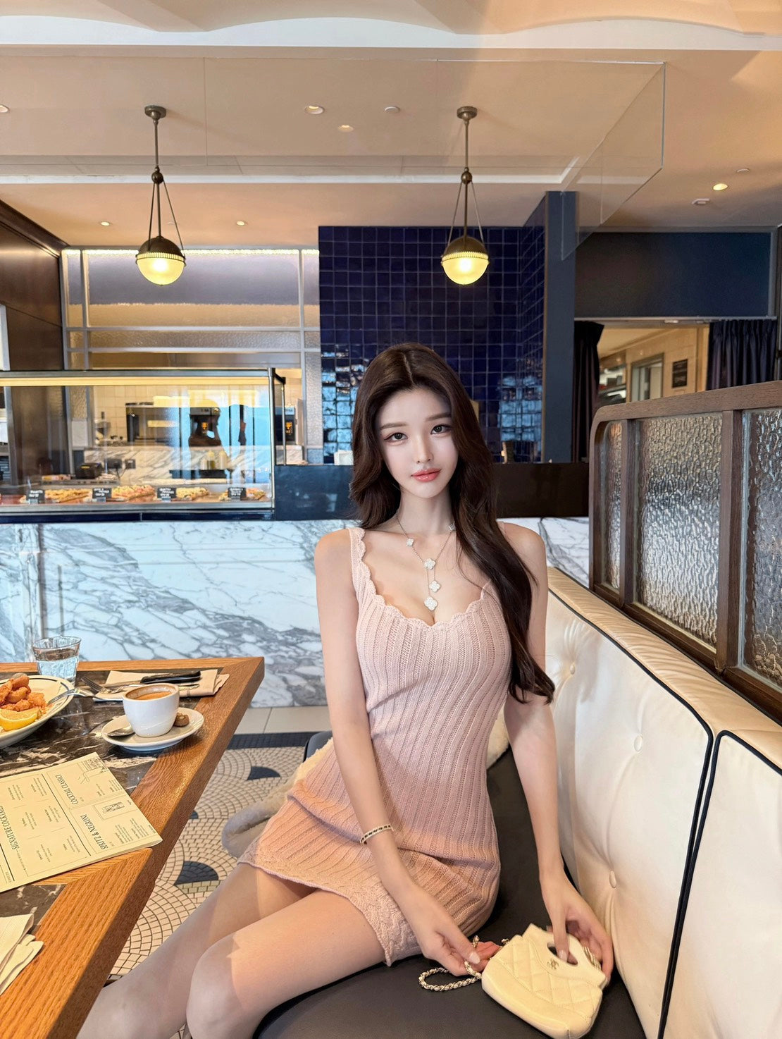 25Dec. 日常美女感V領鉤花粉色坑條針織連身套裝