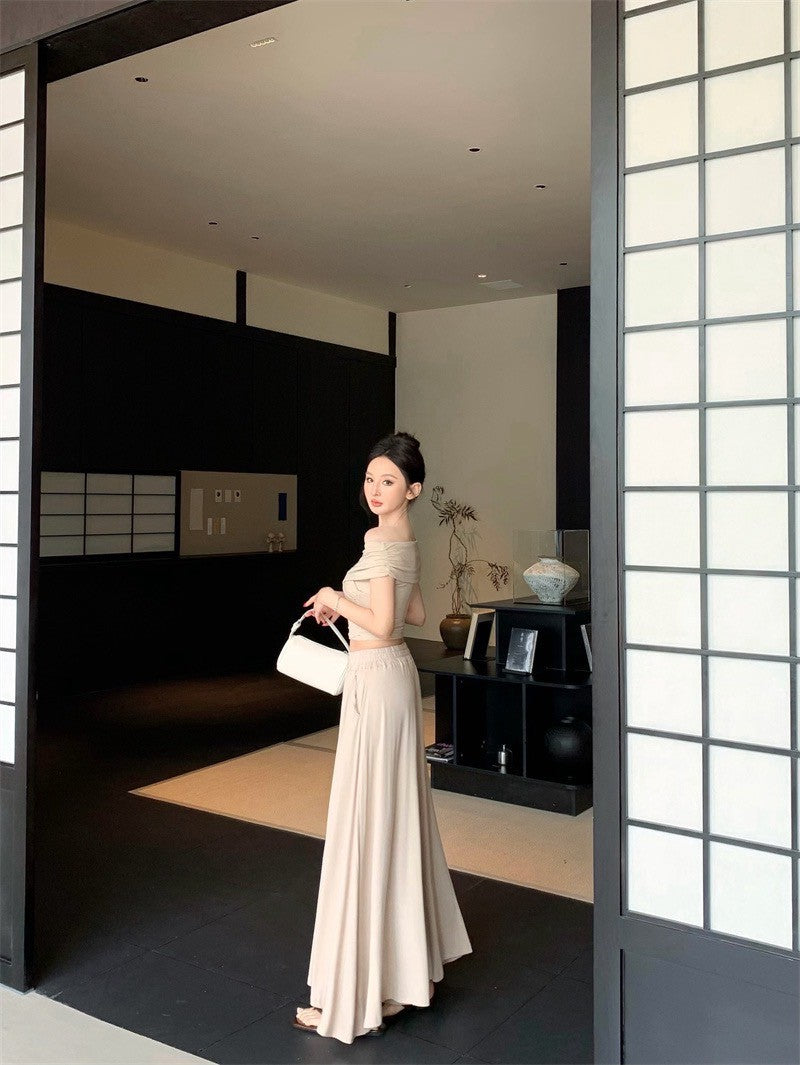 25Sep. 中古氣質交叉設計上衣棉料半身裙套裝 杏