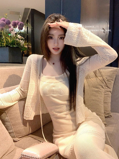 26Apr. 清爽溫柔 老錢度假針織罩衫連身裙套裝 杏/黑