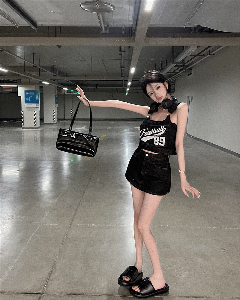 Jun. 甜辣工裝設計字母吊帶背心 半身褲裙