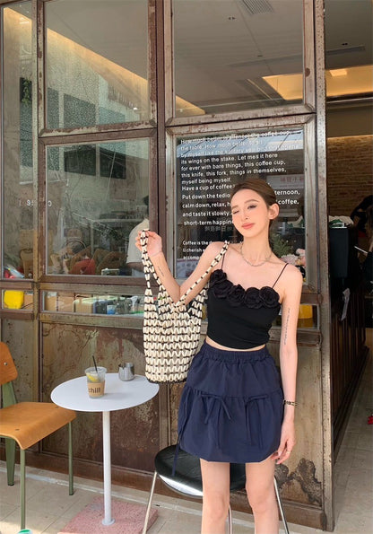 May. 梨花洋溢 俏皮立體花朵背心 粉/黑 顯瘦藍色A字裙