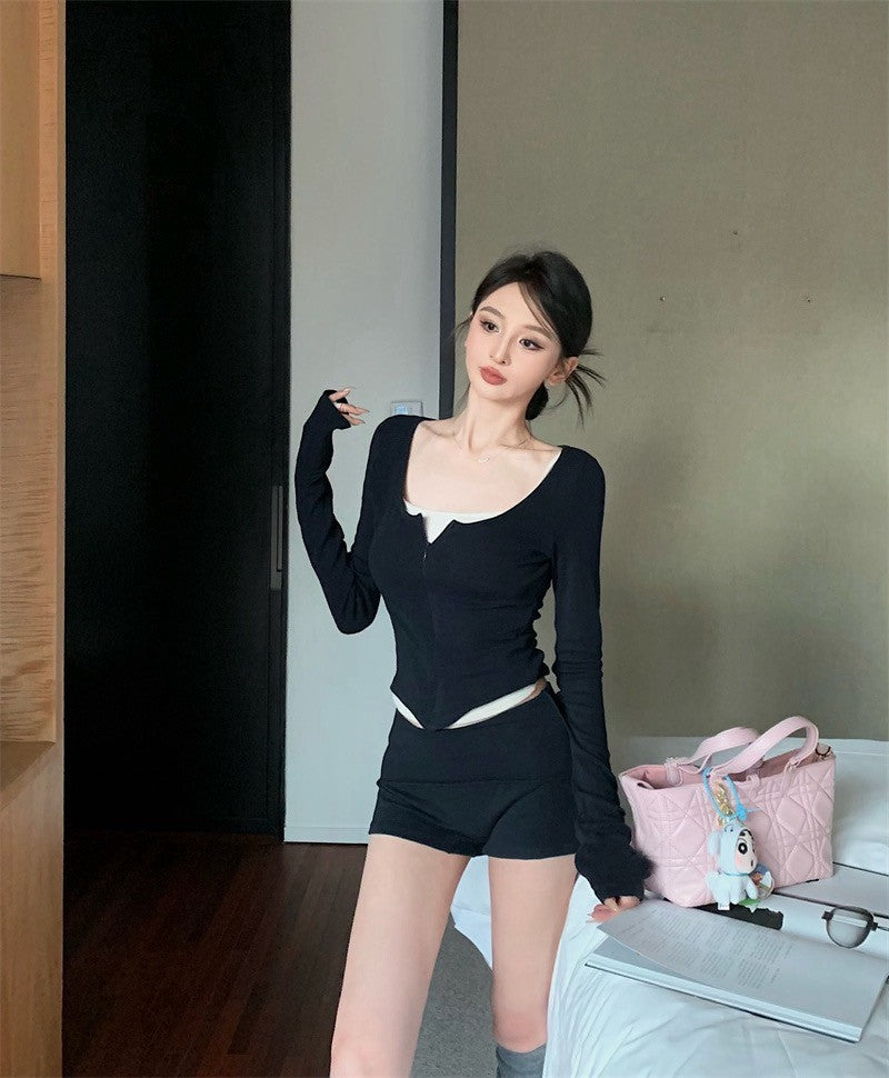 25Jul. 辣妹瑜伽 休閒拉鏈運動服套裝 藏藍