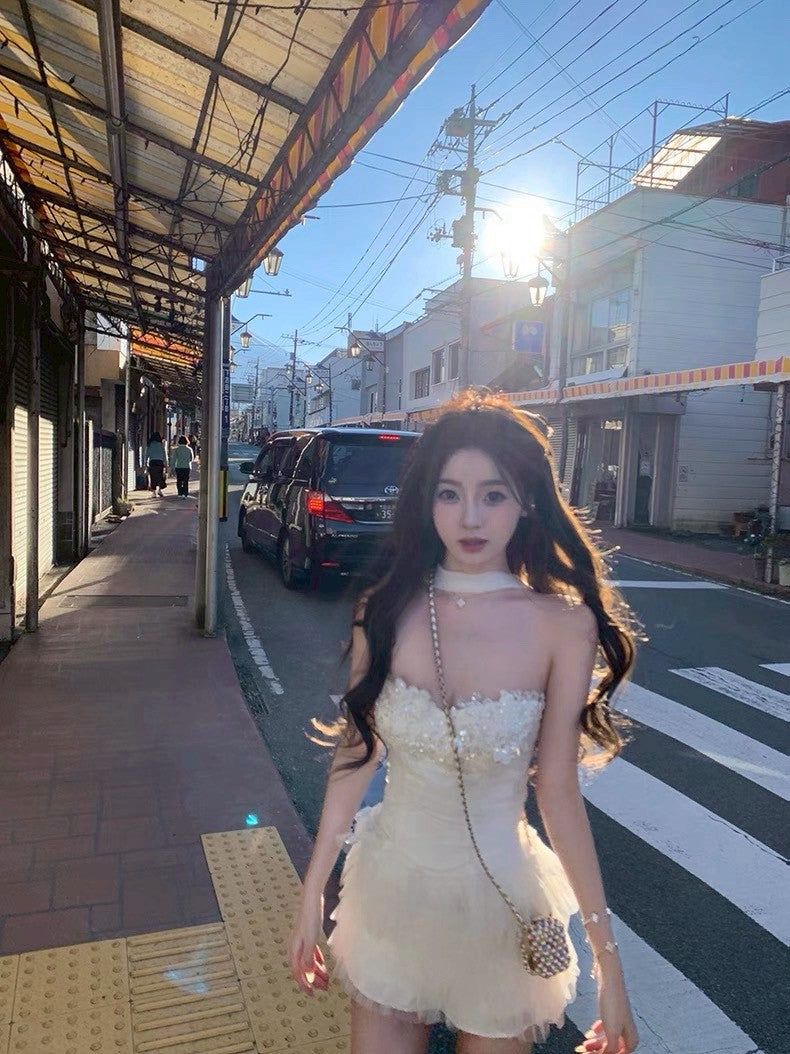 Jun. 玫瑰廢墟 氣質優雅手工花網紗蛋糕裙套裝 粉/白