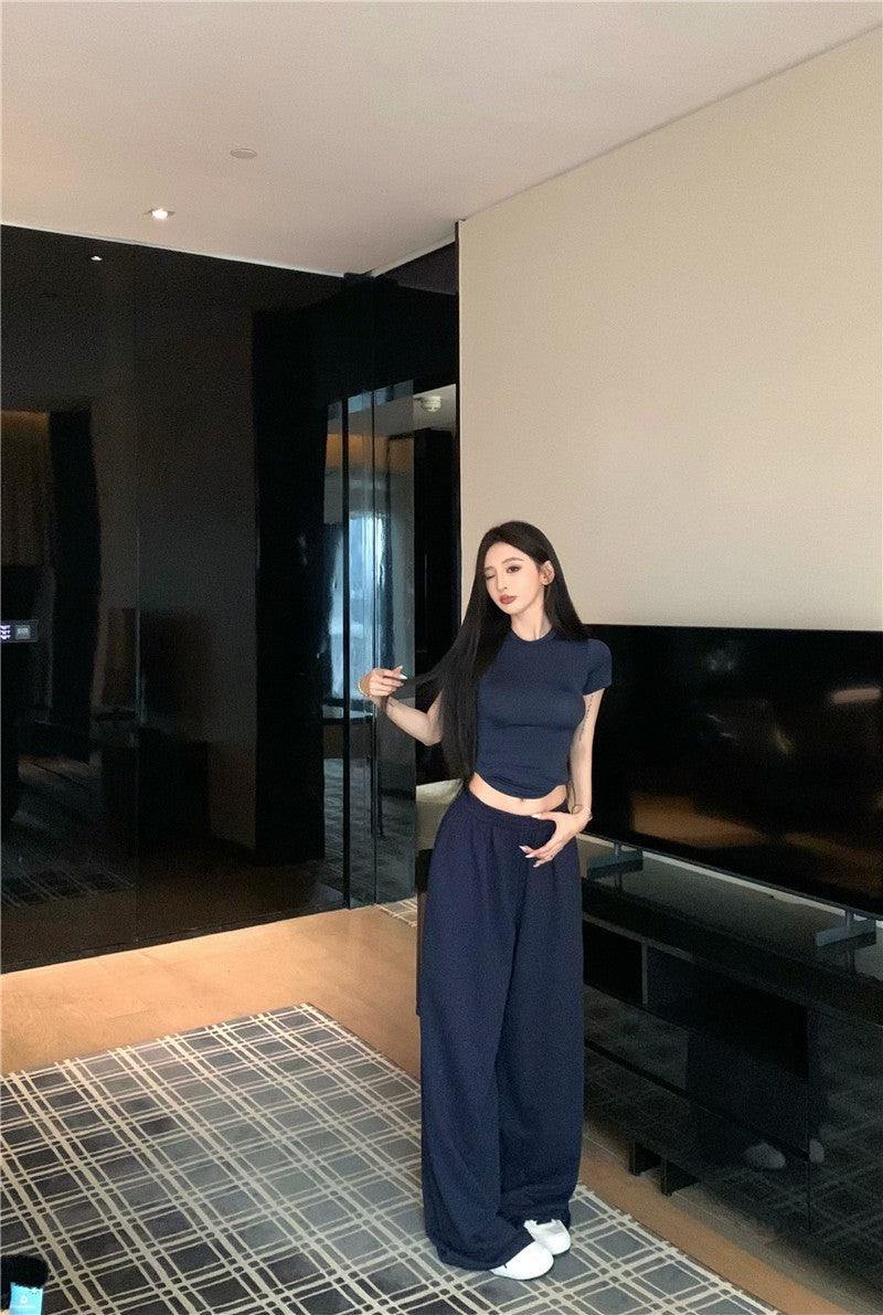 May. 經典Skims春夏版型 修身彈力純色上衣 休閒褲 藏青