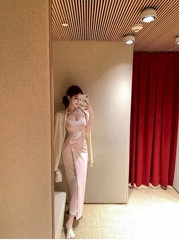 25Aug. 瘦瘦狂魔 側腰扭結U領背心連身裙 粉