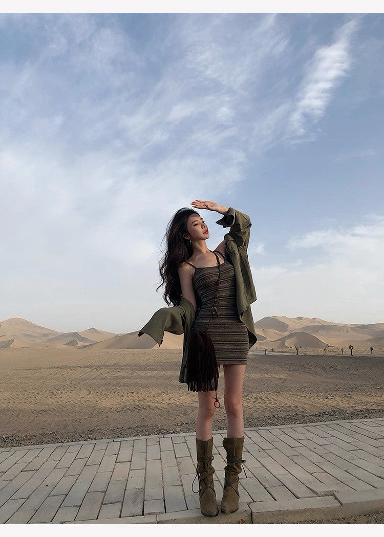 25Oct. 沙漠橄欖 復古條紋背心包臀裙/美式寬鬆襯衫