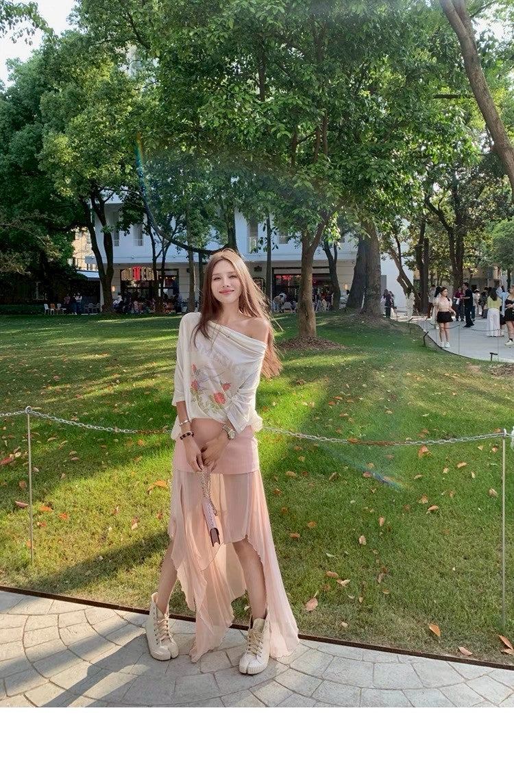 25Aug. 休閒透棉薄料金珍妮同款斜肩上衣