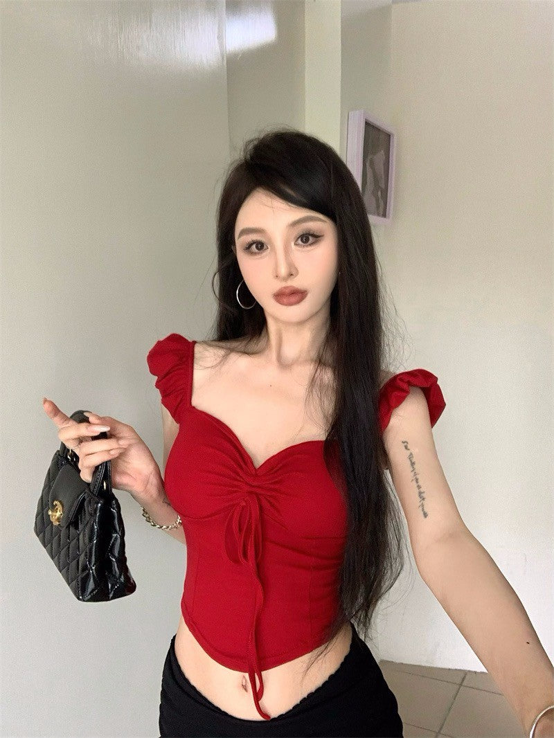 Jun. 日系純欲抽繩顯瘦上衣 藍/紅 黑色高腰休閒褲