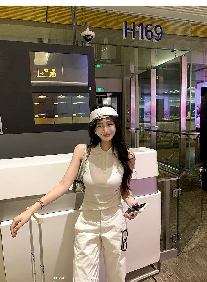 Jun. 大膽穿韓系學院polo領好版型無袖鈕扣背心 白/灰