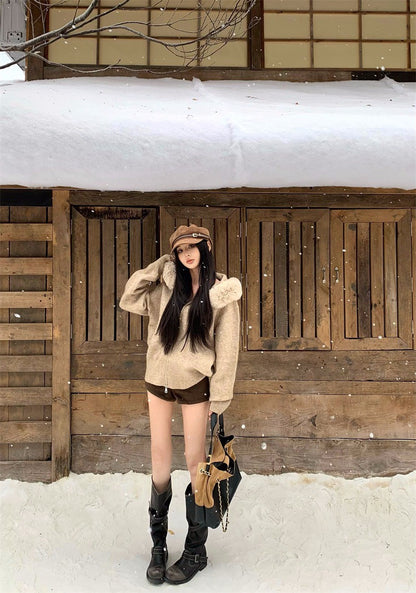 25Dec. 可拆卸奶油針織毛帽外套 杏/灰