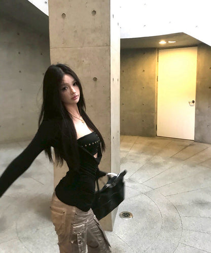 25Dec. 性感韓團女縷空錨釘上衣 黑