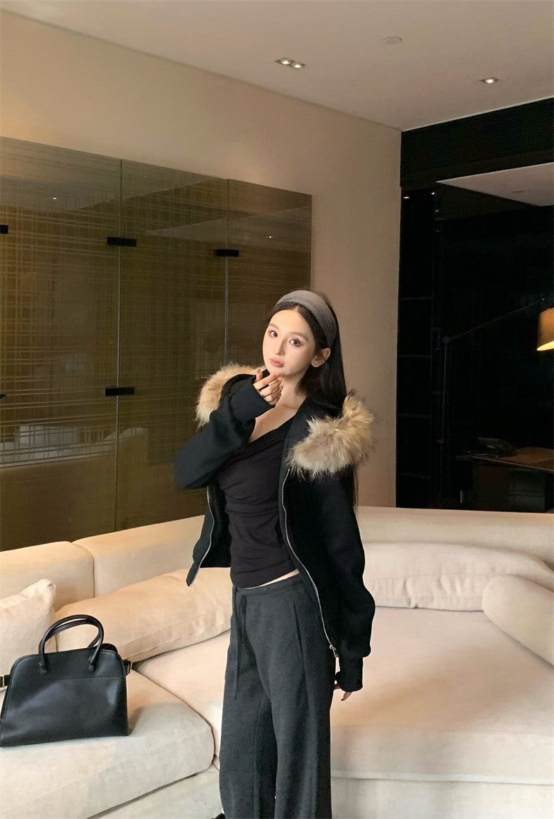 26Feb. 通勤百搭毛毛連帽拉鍊外套 灰/黑