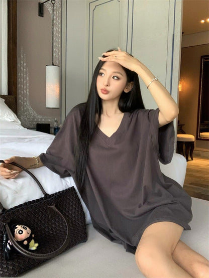 Jun. 在家舒適穿美式寬鬆中長款短袖上衣 灰