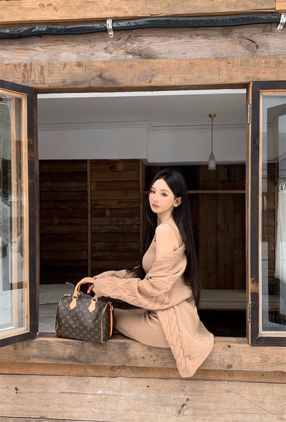 26Jan. 舒適老錢麻花慵懶針織開衫3件套 卡其