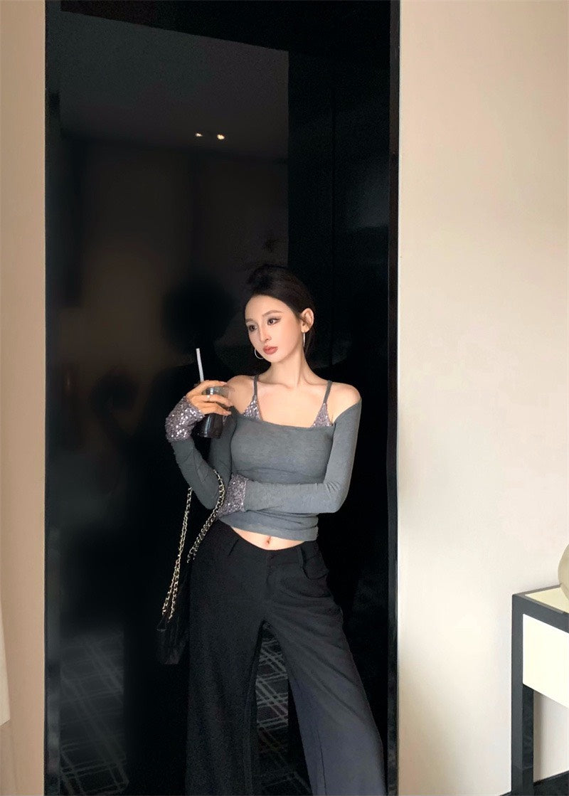 25Nov. 璀璨奪目假兩件式亮片拼接上衣 灰