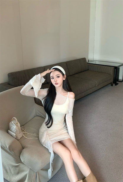 Jan. Cellos*nata裙擺玫瑰 溫柔疊穿同色系連身裙 針織外罩裙 杏色