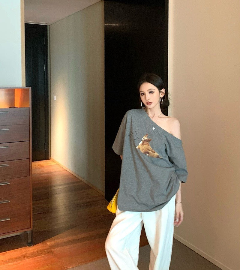 Jun. 哈嚕柯基修勾慵懶斜肩寬鬆上衣 灰