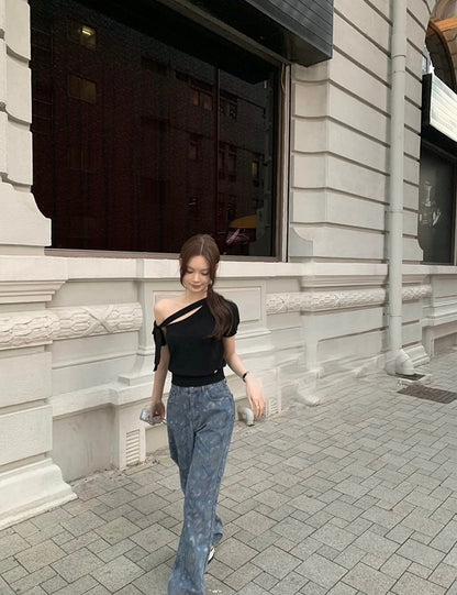 Mar. 法式中古小香 斜肩繫帶羊毛針織上衣 黑