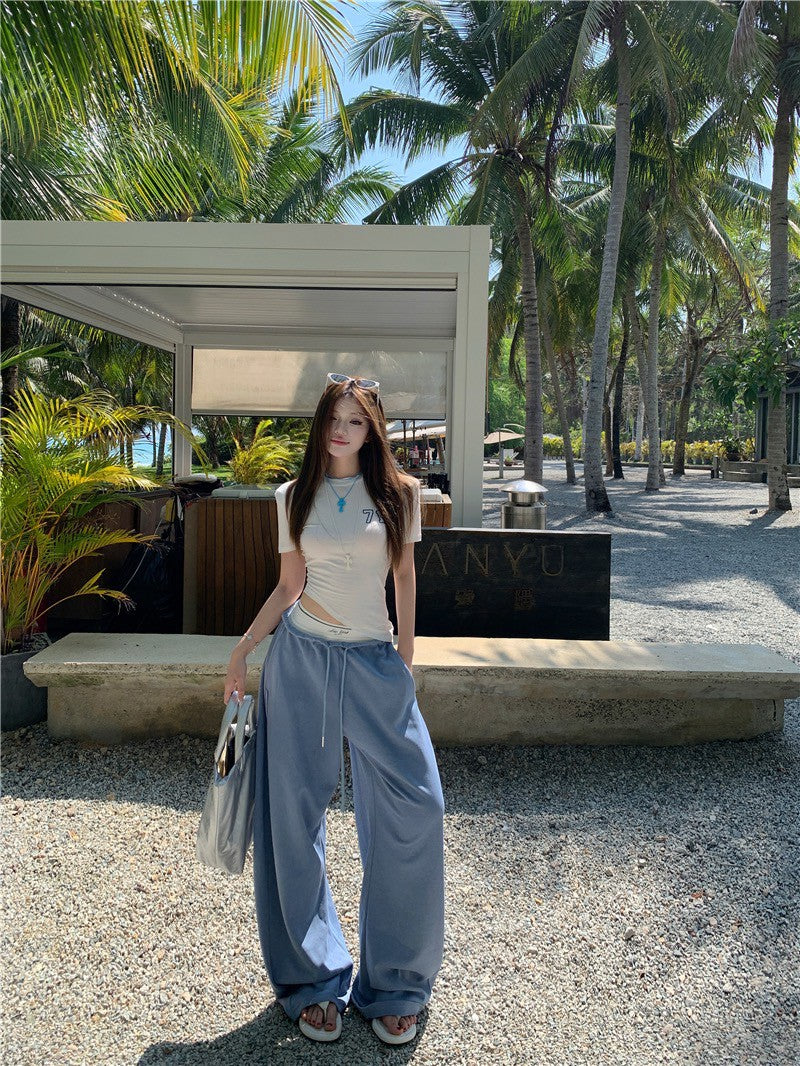 May. 辣妹夏日顯瘦正肩上衣 運動休閒拼接設計休閒褲 藍