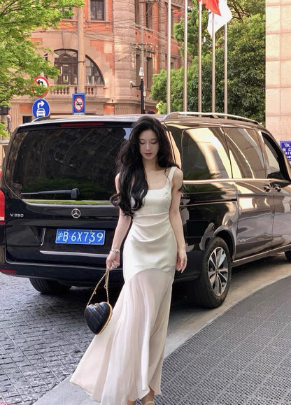 26Apr. 古希臘女神高級拼接魚尾緞面裙 杏白