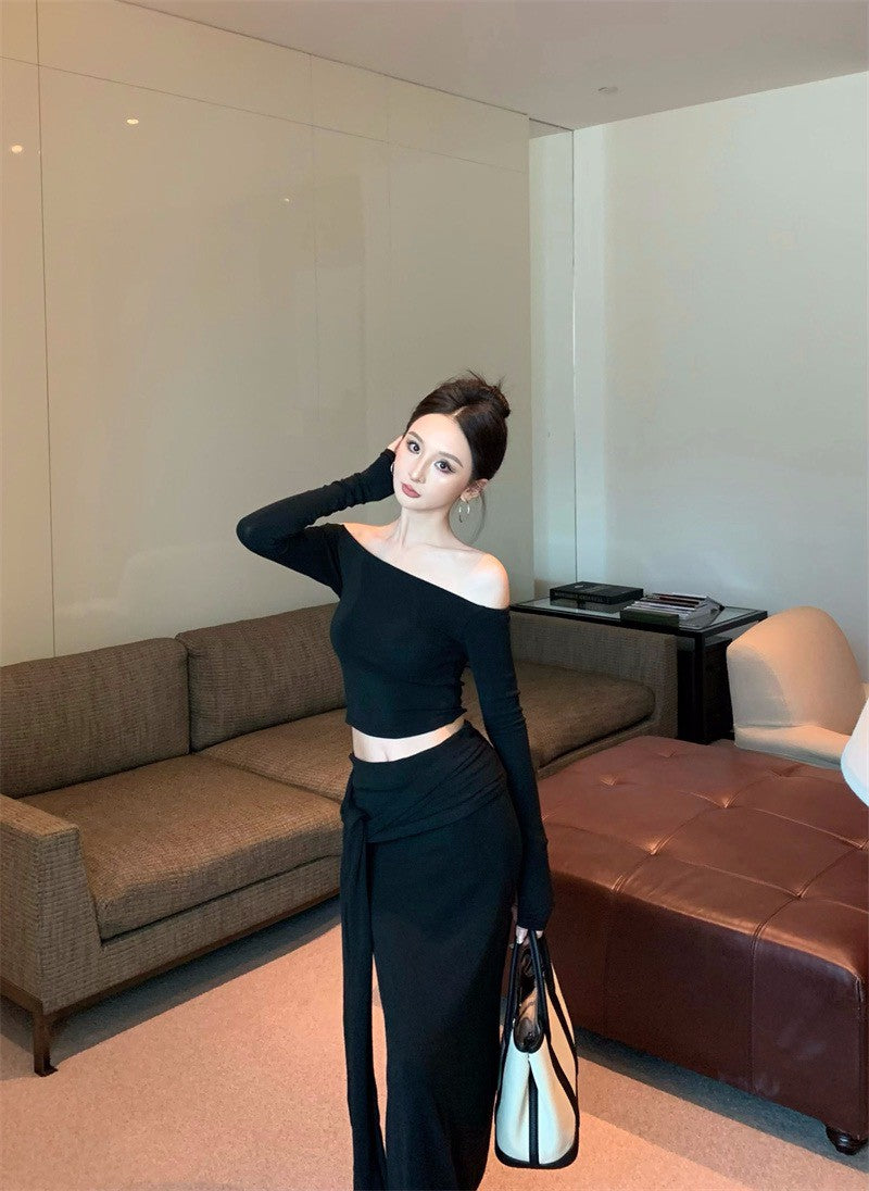 26Jan. 歐美身材比一字領貼身綁帶半身裙套裝 杏奶/黑