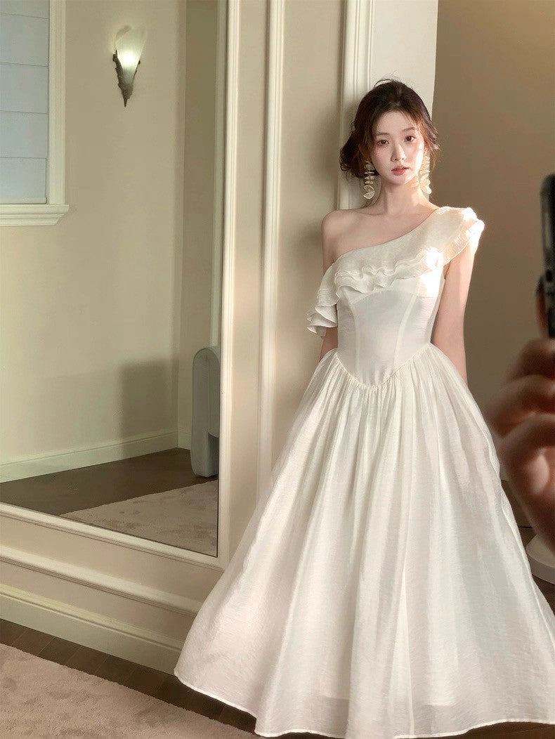 25Aug. 高光時刻法式斜領荷葉收腰連身裙 短款/長款