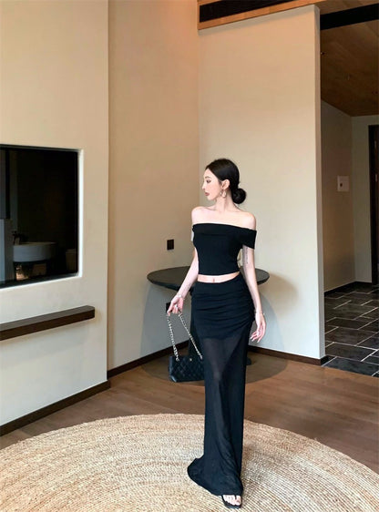 Jun. 淺辣girl 復古一字領透紗半身裙套裝 黑