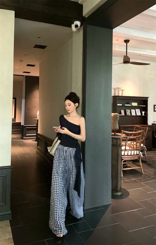 25Sep. 韓系休閒斜肩側飄帶上衣 格紋闊腿褲