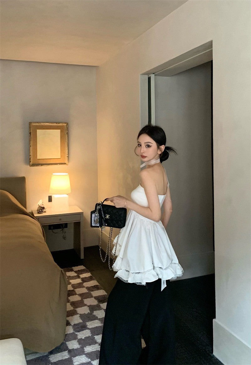 May. 布達佩斯 優雅不規則拼接垂墜抹胸 附蕾絲繞脖