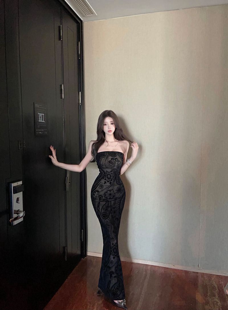 26Sep. 暗黑美姬 復古印花抹胸開衩連身裙