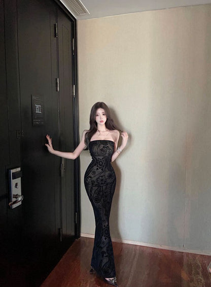 26Sep. 暗黑美姬 復古印花抹胸開衩連身裙