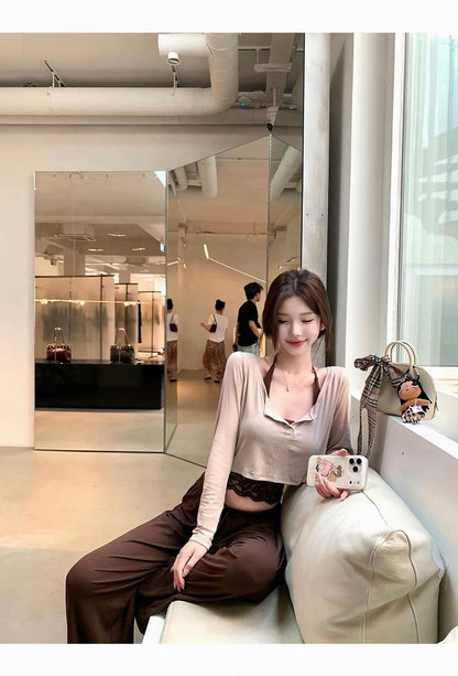 26Oct. 嬌女鬆弛蕾絲T恤上衣兩件套/純色休閒褲 咖色系
