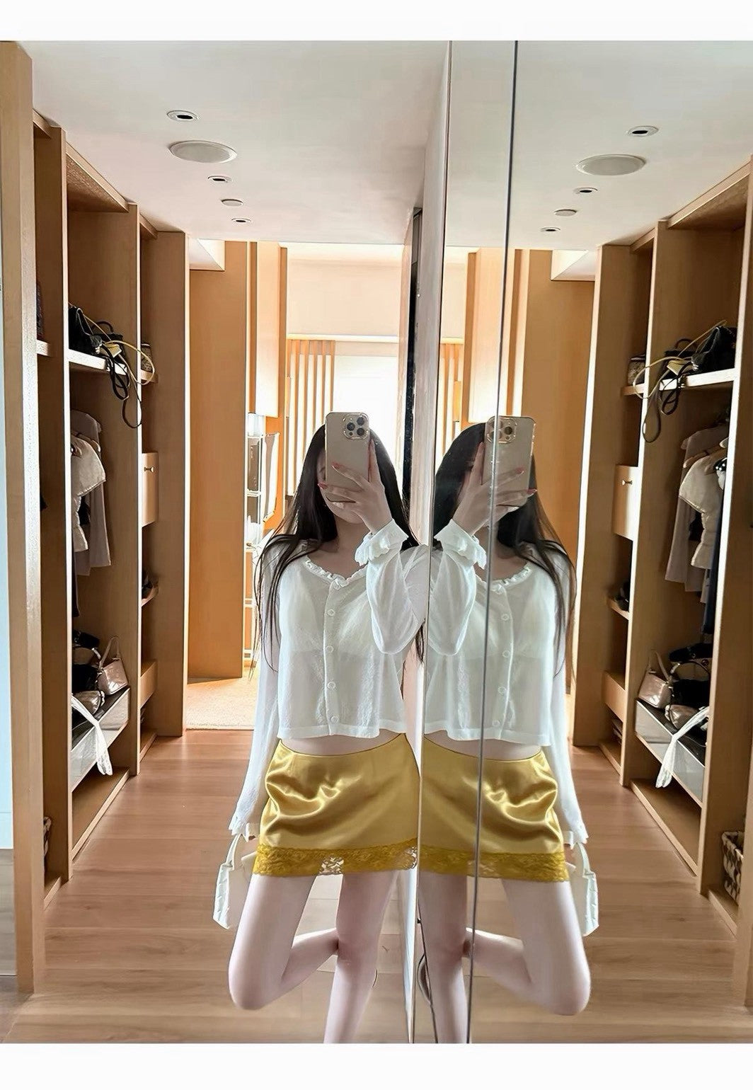 26Oct. 莉莉珍珠光氣質蕾絲緞面半身裙 白/金