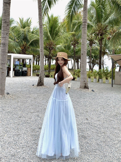 Jun. 嬌寵甜心 U領背心網紗拼接連身裙 淺藍